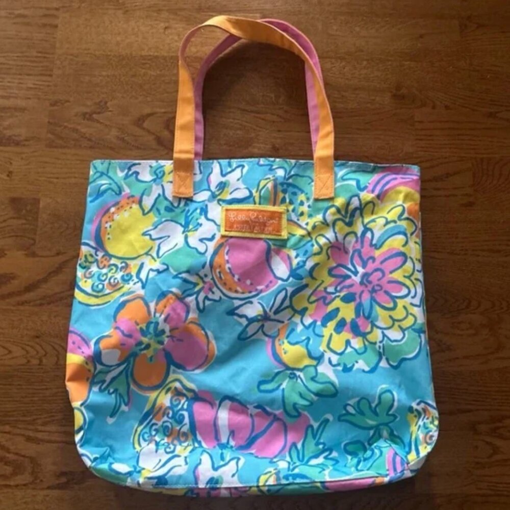 Lilly Pulitzer Estee Lauder Blue Pink Orange PrintTote Hand Shoulder Bag Shopper
